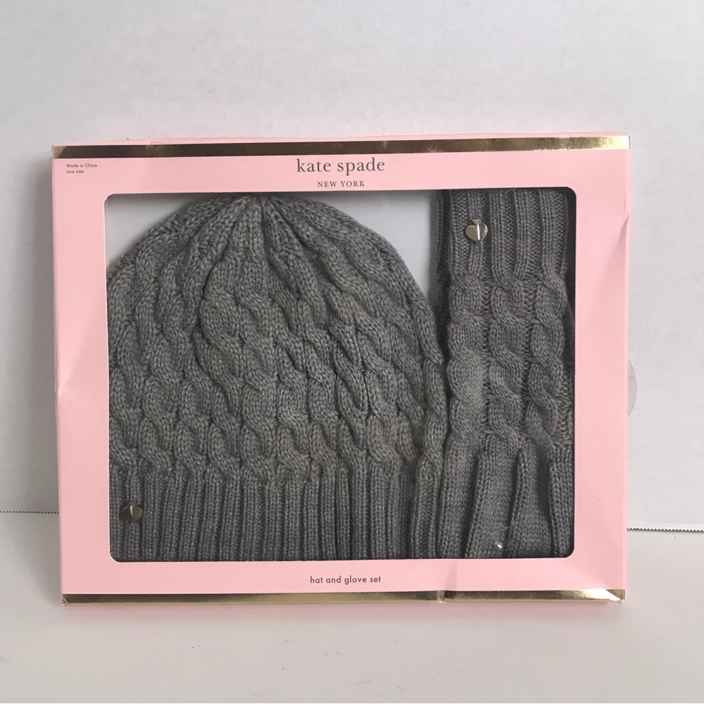 Kate Spade Gray Cable Knit Beanie Cap & Gloves Box Set Size OS Designer Preppy